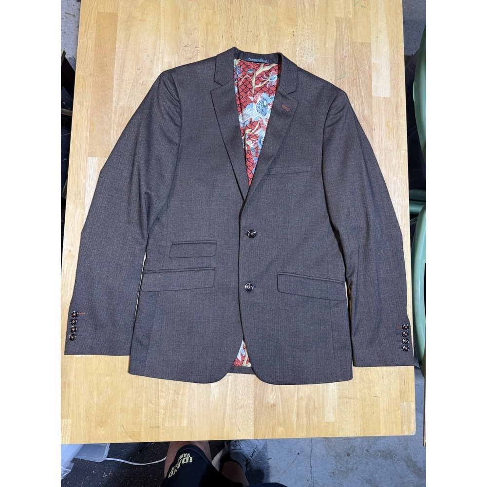 Paisley & Gray Mens 38R Slim Fit Blazer Brown Herringbone Crane Print Lining